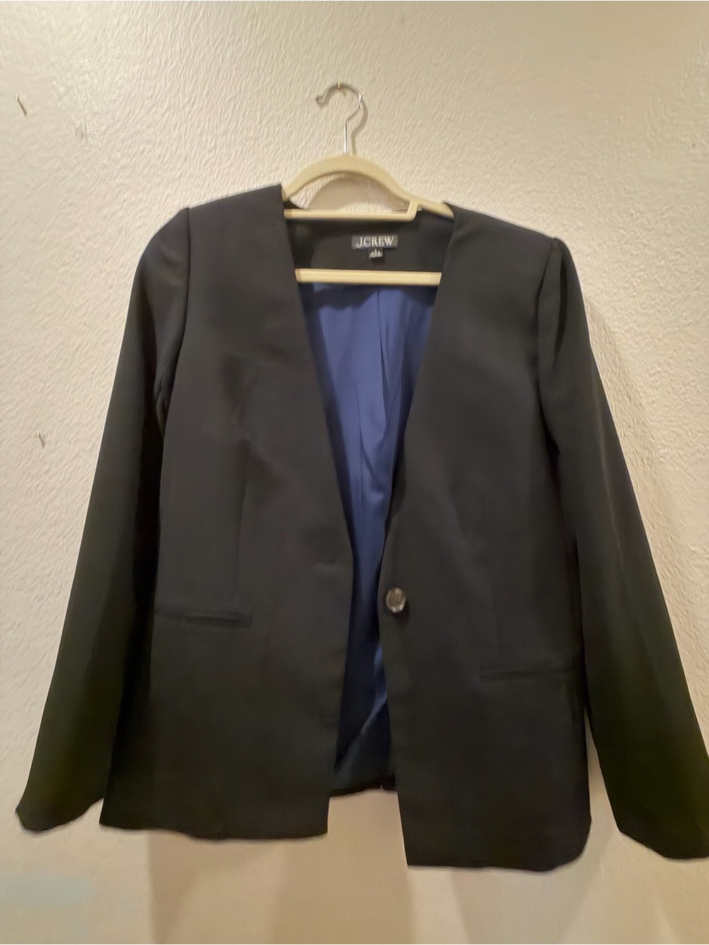 J.Crew Black Collarless One Button Blazer Size 6 Blue Lining
